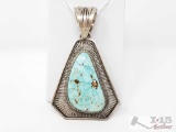 Benny Ramone Vintage Nevada Turquoise Deep Etch Sterling Silver Pendant Stone, 58.7g