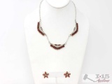 Zuni Needlepoint Coral Sterling Silver Necklace With Matching Earrings Set, 21g