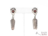 Coral Bear Paw Dangle Sterling Silver Earrings, 8g