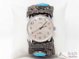 HT Coral and Turquoise Sterling Silver Watch Cuff, 86.3g