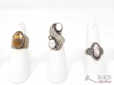 3 Sterling Silver Rings With Mother of Pearl And Semi Precious Stone, 19.9g