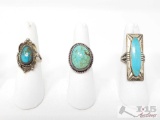 3 Sterling Silver Rings With Turquoise Stones, 25.9g