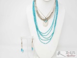 3 Sterling Silver And Turquoise Layered Necklaces And Sterling Silver And Turquoise Dangle Earrings