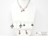 2 Sterling Silver Necklaces With Coral And Turquoise And 3 Pairs Earrings With Turquoise