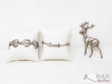 2 Sterling Silver Bracelets, And Sterling Silver Deer Pin, 52.2g