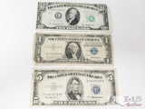 Blue Seal 5 Dollar Bill, Blue Seal 1 Dollar Bill, And 10 Dollar Bill