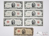 7 Red Seal Two Dollars Bills