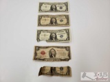 3 Blue Sealed Dollar Bills, 1 Red Sealed 2 Dollar Bill, and 1 Half Blue Sealed Dollar Bill