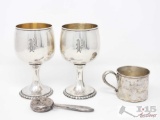 2 Sterling Silver Goblets, Cup, And Baby Rattle, 414.3g