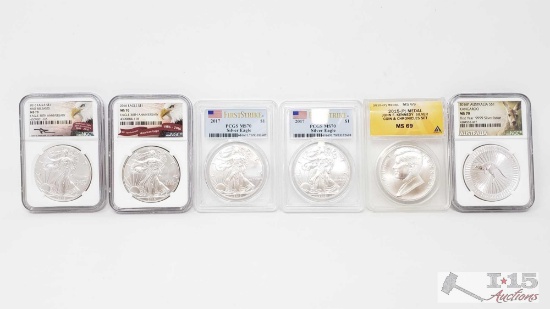 4 Graded .999 Silver American Eagles, Australian $1 .999 Silver Kangaroo and .999 Silver JFK Medal