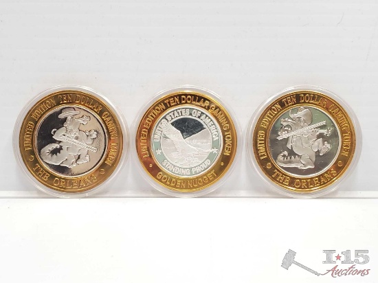 3 .999 Fine Silver Gaming Tokens from The Orleans and The Golden Nugget, 131g