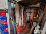 Huge Lot Of PVC Pipes, Wood, Brackets, Buckets, Shelves And More