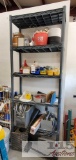 Plastic Shelving Unit, Straps, Funnels, Cables, Buring Tools, And More