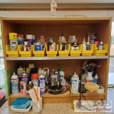 Wooden Shelving Unit, Lubricants, Grease, Funnels, Glass Cleaner, And More