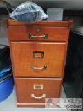 Wooden Filing Cabinet, Power Tool Manuals, Garage Door Screen, And Storage Boxes