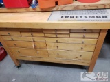 Wooden Work Bench With Built In Vise, Tools From Craftsman Chicago Electric, Skill, Kobalt, Tire