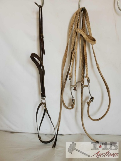 White Macrame Braided Headstall and reins with a Roy Bit and Tie Down