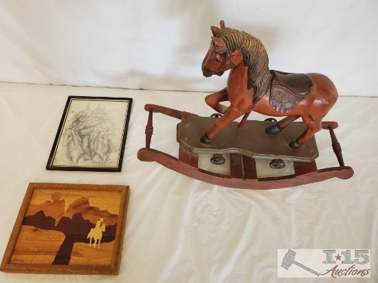 Vintage Rocking Horse and 2 Cowboy Pictures