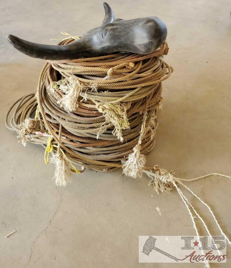 1 Steer Head Roping Dummy, New Leather Horn Wraps, 3 Misc Bundles of Used Rope
