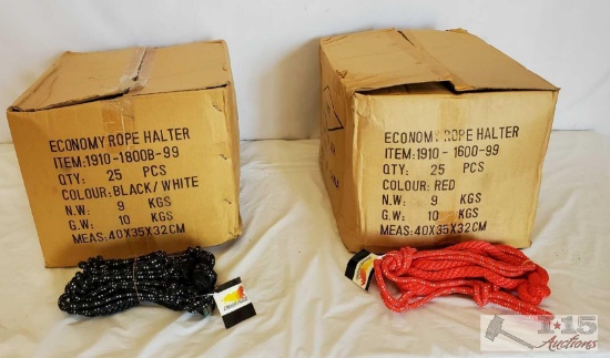 2- Cases of New in Box Knotted Ranch Rope Halters with 6 ft Lead Ropes Attached