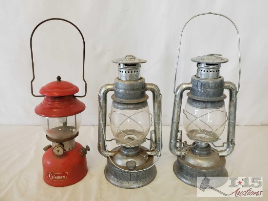Pair of Matching Wizard Oil Lanterns and a Coleman Fuel Lantern