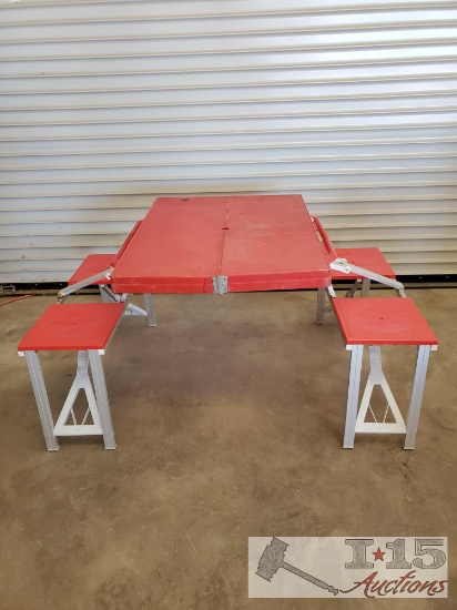 Red Folding Picnic Table with Fold out Seats, Coleman Camp Stove and 1 Propane Bottle with 2 Crates