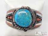 Sterling Silver Turquoise and Coral Cuff Bracelet, 70.4g