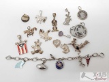 Sterling Silver Pendents, Keychain, Pin, and Charm Bracelet, 69.2g