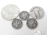 1964 Kennedy Half Dollar, Silver Standing Liberty Quarter, And 3 Mercury Dimes