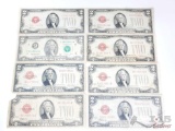 7 Red Seal Two Dollar Bills And Green Seal Two Dollar Bill