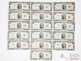 16 Red Seal Two Dollar Bills