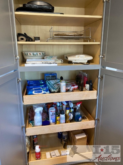 Glass Wear, Cookie Trays, Betty Crocker Electric Knife, waffle Iron and Cleaning Supplies