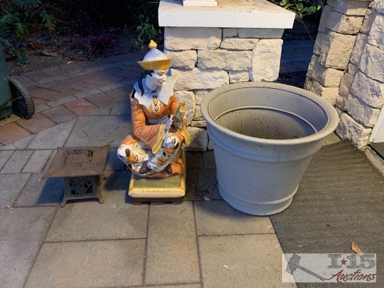 Asian Style Statue, Lantern, And Plastic Pot