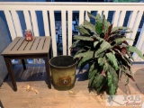 End Table, Trash Can, And Artificial Plant