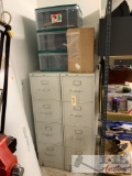 2 Metal Filing Cabinets, Plastic Storage Unit, KeyBoards, And Photo Frames