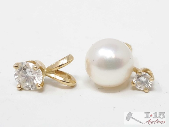 14k Gold Diamond Pendant, 14k Gold Diamond Pearl Earring- 2g