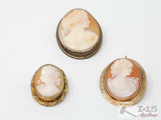 3 10k Gold Oval Cameo Pins- 22.4g