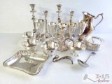 Silver Plated Candlestick Holders, Bowls, Plates, Serving Platter, Pitcher, And More