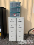 2 Metal Filing Cabinets, Plastic Storage Unit, Keyboards, And Photo Frames