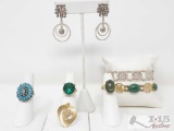 Costume Jewelry Includes 3 Rings, Pendant, 2 Bracelets, And Earrings