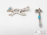 Roadrunner Turquoise Sterling Silver Pin, and Sterling Silver Turquoise Axe- 6.4g