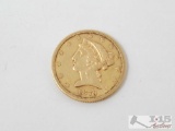 1879 $5 Gold Liberty Coin .900 Gold-8.4g