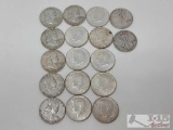 6 Benjamin Franklin Half Dollars, 9 Kennedy Half Dollars, and 2 Walking Liberty Half Dollars- 212.9g