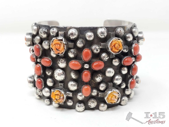 Chimney Butte Sterling Silver Cuff With Coral And Spiny Oyster, 157g