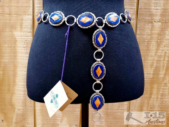 Jerry Nelson Thick Sterling Silver Link Belt With Lapis And Spiny Oyster Stones.