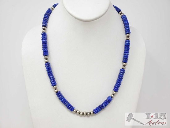 Native American Lapis & Sterling Silver Bead Necklace - Navajo, 51.5g