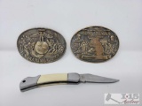 Two Solid Brass Belt Buckles And Stainless Steel Pocket Knife