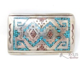 Native American Sterling Silver Belt Buckle With Turquoise And Coral, 60.8g