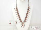 Sterling Silver Squash Blossom set W/ Blood Red Coral Stones Matching Earrings