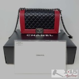 Chanel Limited Edition Black/Red Leather Ruthenium Le Boy Medium Flap Bag with Box and Card